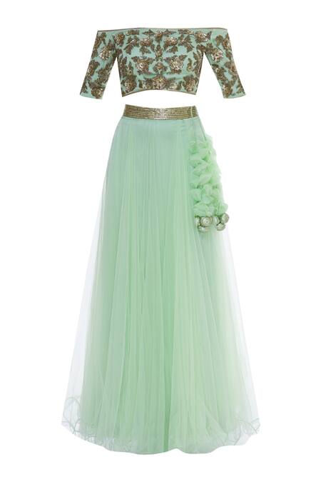 Shop_Vandana Sethi_Green Net Embroidered Off Shoulder Sequin And Zardozi Lehenga Set_Online_at_Aza_Fashions