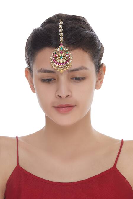 Shop_BelsI'S_Gold Plated Kundan Maangtikka With Beads_at_Aza_Fashions