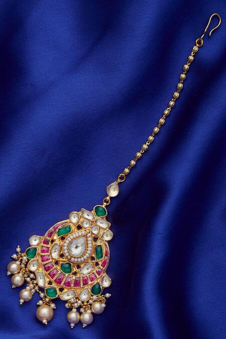 BelsI'S_Gold Plated Bead Studded Kundan Maangtikka_Online_at_Aza_Fashions
