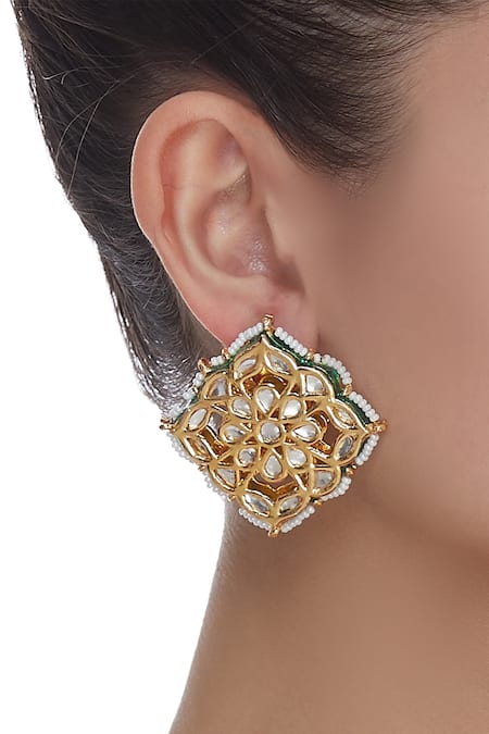 Shop Just Shradhas Gold Plated Pearls, Diamonds, Stones Kundan Embedded Stud Earrings at Aza Fashions Shop_Just Shradhas_Gold Plated Pearls, Diamonds, Stones Kundan Embedded Stud Earrings _at_Aza_Fashions