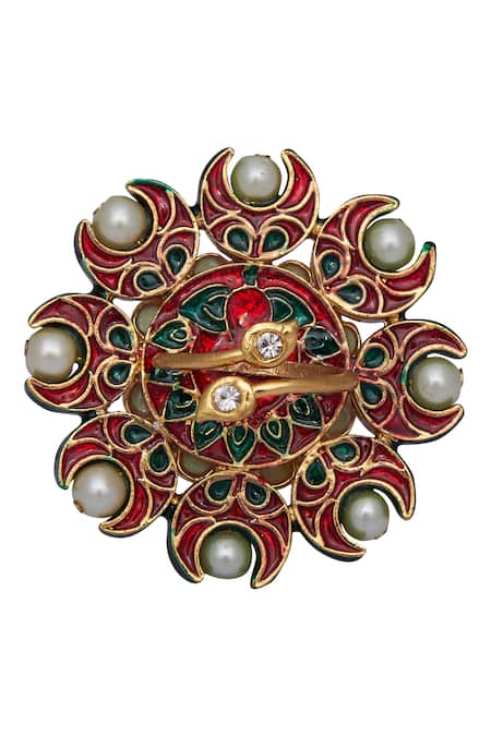 Shop Just Shradhas Gold Plated Stones, Pearls Meenakari Oversized Cocktail Ring Online at Aza Fashions Shop_Just Shradhas_Gold Plated Stones, Pearls Meenakari Oversized Cocktail Ring _Online_at_Aza_Fashions