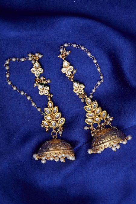 Buy Just Shradhas Gold Plated Kundan Leaf Dangling Jhumka Earrings Online at Aza Fashions Buy_Just Shradhas_Gold Plated Kundan Leaf Dangling Jhumka Earrings _Online_at_Aza_Fashions