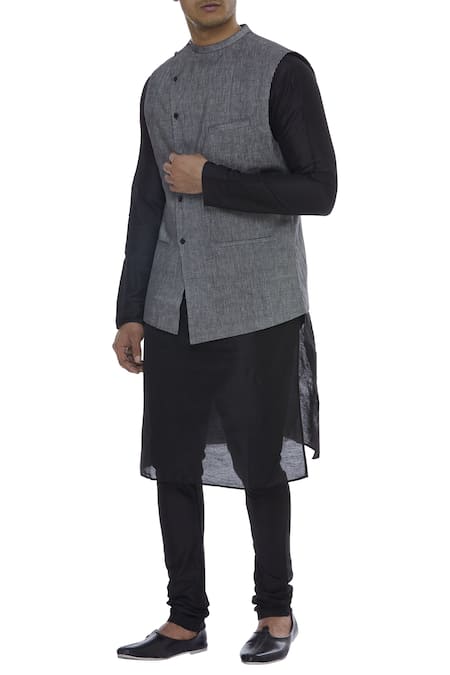 Manish Nagdeo Stripped asymmetric placket nehru jacket set  (For Kids)