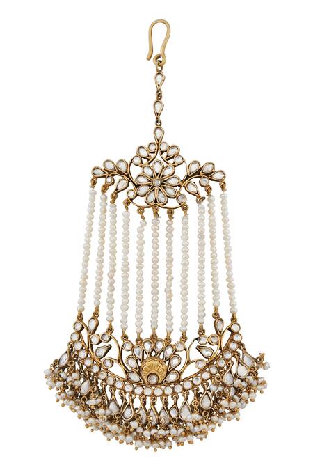 Shop_Anita Dongre_Gold Plated Architecture Inspired Crystal Pasa With Pearl Strings_at_Aza_Fashions