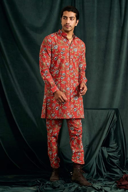 Shop_Project Bandi_Red Cotton Printed Floral Brindavan Kurta Set  _Online_at_Aza_Fashions
