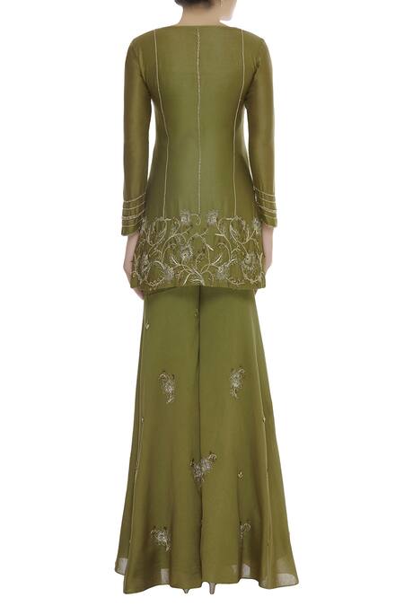 Shop_Ohaila Khan_Green Chanderi Embroidery Square Kurta With Sharara_at_Aza_Fashions