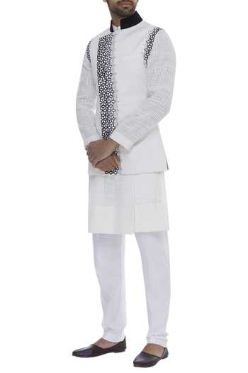 Buy Manish Malhotra White Geometric Floral Embroidered Jacket With Kurta And Churidar at Aza Fashions Buy_Manish Malhotra_White Geometric Floral Embroidered Jacket With Kurta And Churidar_at_Aza_Fashions