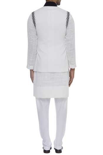 Shop Manish Malhotra White Geometric Floral Embroidered Jacket With Kurta And Churidar at Aza Fashions Shop_Manish Malhotra_White Geometric Floral Embroidered Jacket With Kurta And Churidar_at_Aza_Fashions