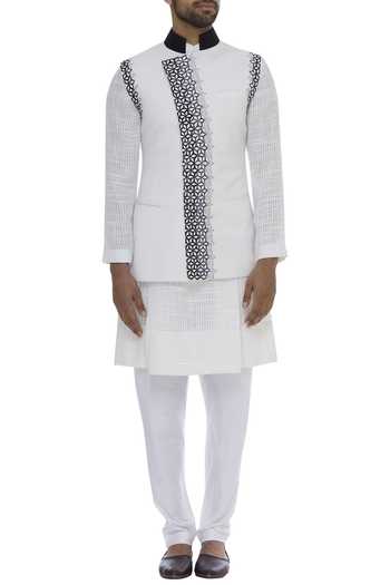 Manish Malhotra White Geometric Floral Embroidered Jacket With Kurta And Churidar Online at Aza Fashions Manish Malhotra_White Geometric Floral Embroidered Jacket With Kurta And Churidar_Online_at_Aza_Fashions