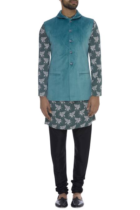 Buy_Manish Malhotra_Blue Unicorn Printed Kurta With Jacket And Churidar_Online_at_Aza_Fashions