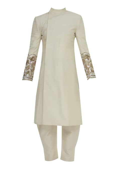 Buy_DivA'NI_Off White Moonga Silk Embroidered Sherwani With Pant And Inner Kurta _Online_at_Aza_Fashions