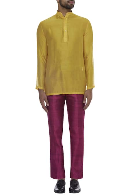 Buy_DivA'NI_Yellow Raw Silk Embroidered Sequin Sherwani With Pant And Short Kurta _Online_at_Aza_Fashions
