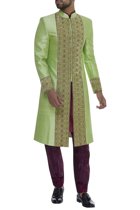 Diva'ni Green Raw Silk Embroidered Sequin Thread And Sherwani Set  