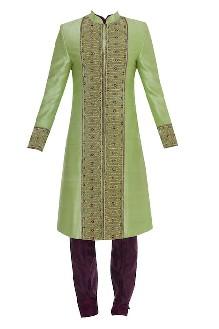 Buy_DivA'NI_Green Raw Silk Embroidered Sequin Thread And Sherwani Set _Online_at_Aza_Fashions