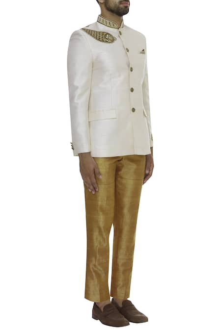 DivA'NI_Off White Raw Silk Embroidered Gold Bandhgala With Trouser Pant _Online_at_Aza_Fashions