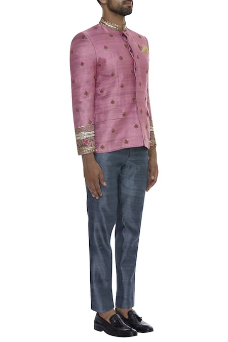 DivA'NI_Blue Raw Silk Embroidery Thread And Zardozi Bandhgala Set_Online_at_Aza_Fashions