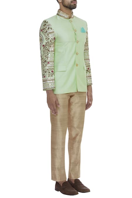 DivA'NI_Gold Raw Silk Embroidered Bandhgala With Trouser Pant_Online_at_Aza_Fashions