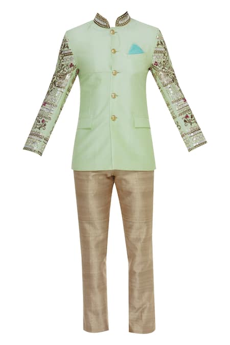 Buy_DivA'NI_Gold Raw Silk Embroidered Bandhgala With Trouser Pant_Online_at_Aza_Fashions