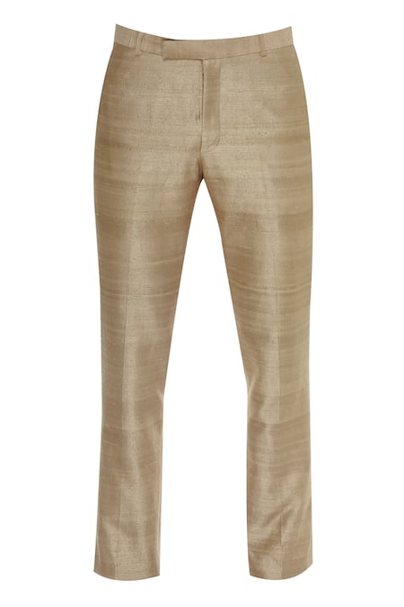 Shop_DivA'NI_Gold Raw Silk Embroidered Bandhgala With Trouser Pant_Online_at_Aza_Fashions