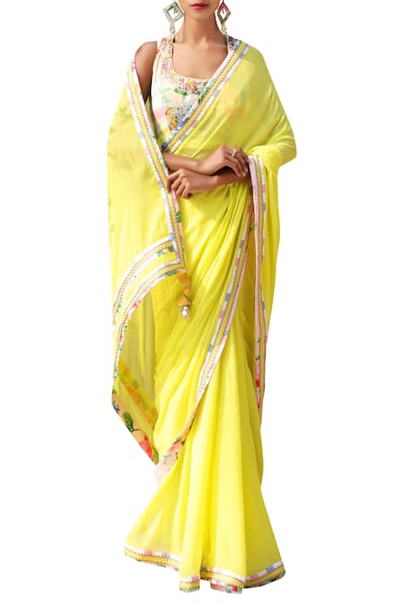 Buy Nikasha Yellow Georgette Round Embroidered Border Saree Online at Aza Fashions Buy_Nikasha_Yellow Georgette Round Embroidered Border Saree _Online_at_Aza_Fashions
