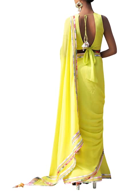 Shop Nikasha Yellow Georgette Round Embroidered Border Saree at Aza Fashions Shop_Nikasha_Yellow Georgette Round Embroidered Border Saree _at_Aza_Fashions