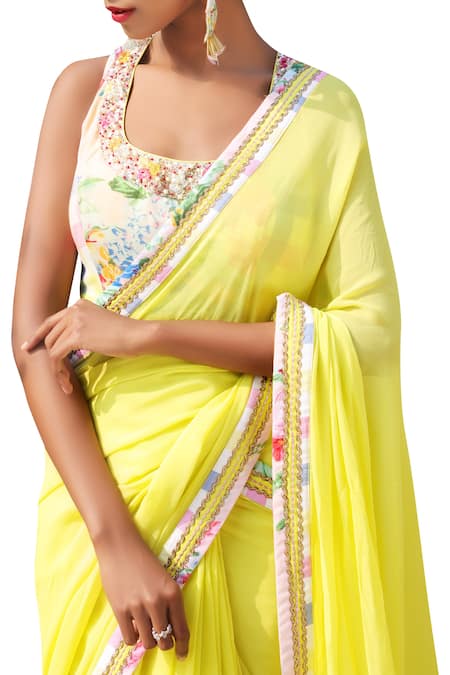 Shop Nikasha Yellow Georgette Round Embroidered Border Saree Online at Aza Fashions Shop_Nikasha_Yellow Georgette Round Embroidered Border Saree _Online_at_Aza_Fashions