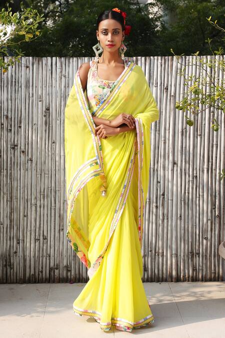 Nikasha Yellow Georgette Round Embroidered Border Saree Online at Aza Fashions Nikasha_Yellow Georgette Round Embroidered Border Saree _Online_at_Aza_Fashions