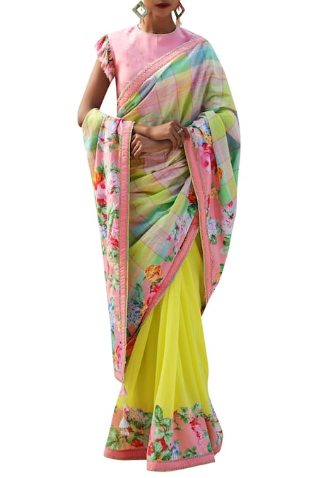 Buy_Nikasha_Yellow Rose Print Saree With Blouse _Online_at_Aza_Fashions