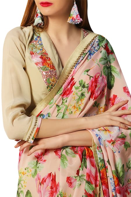 Nikasha_Peach Embroidered Printed Saree With Blouse _Online_at_Aza_Fashions