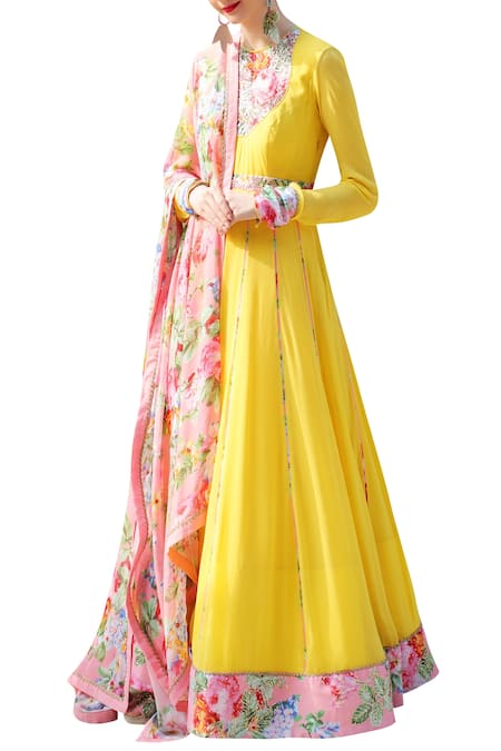 Buy_Nikasha_Yellow Georgette Sequins, Beads Embroidered Anarkali With Rose Print Dupatta _Online_at_Aza_Fashions