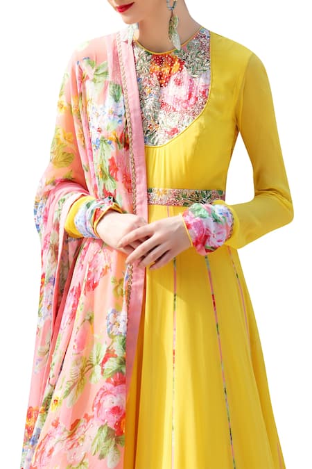 Nikasha_Yellow Georgette Sequins, Beads Embroidered Anarkali With Rose Print Dupatta _Online_at_Aza_Fashions