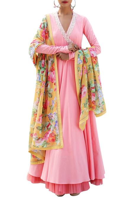 Buy_Nikasha_Pink Cotton V Neck Angrakha Kurta With Printed Dupatta _Online_at_Aza_Fashions