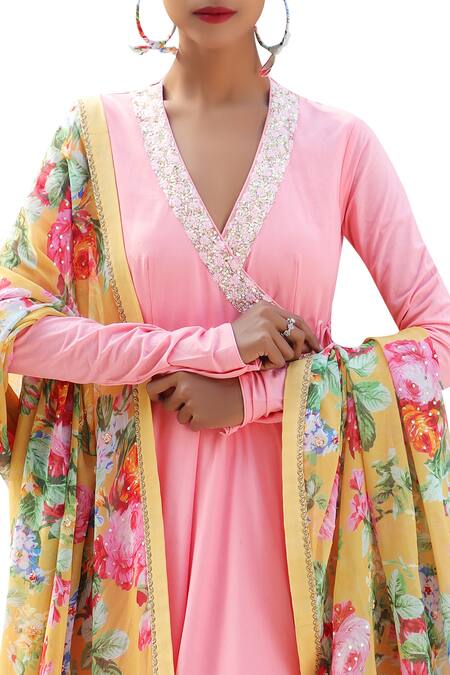Shop_Nikasha_Pink Cotton V Neck Angrakha Kurta With Printed Dupatta _Online_at_Aza_Fashions