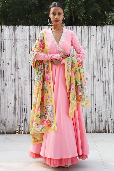 Nikasha_Pink Cotton V Neck Angrakha Kurta With Printed Dupatta _Online_at_Aza_Fashions
