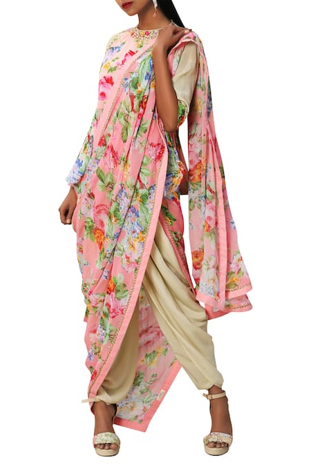 Buy_Nikasha_Pink Georgette Printed Closed Round Neckline Floral Dhoti Saree _Online_at_Aza_Fashions