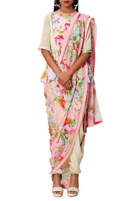 Nikasha_Pink Georgette Printed Closed Round Neckline Floral Dhoti Saree _Online_at_Aza_Fashions