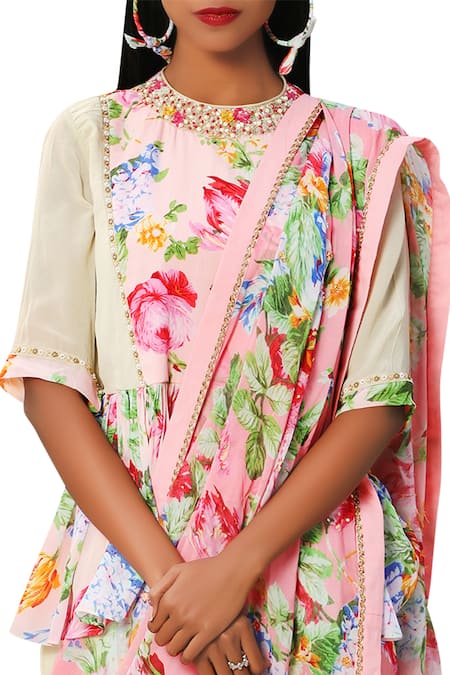 Shop_Nikasha_Pink Georgette Printed Closed Round Neckline Floral Dhoti Saree _Online_at_Aza_Fashions