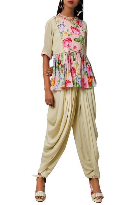 Buy_Nikasha_Pink Closed Round Neck Floral Peplum Top With Dhoti Pants _Online_at_Aza_Fashions
