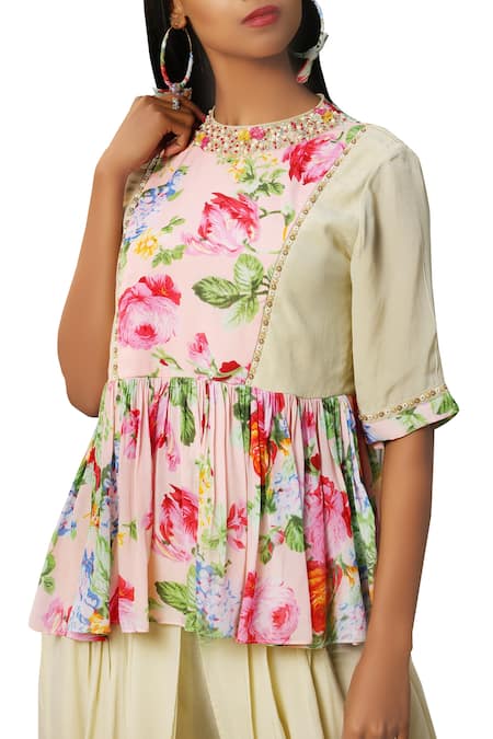 Nikasha_Pink Closed Round Neck Floral Peplum Top With Dhoti Pants _Online_at_Aza_Fashions