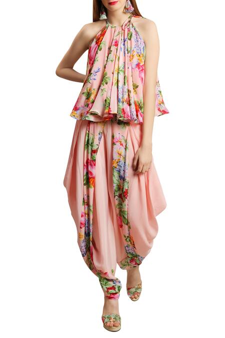 Buy_Nikasha_Pink Crepe Halter Neck Floral Printed Dhoti Pant Set _Online_at_Aza_Fashions