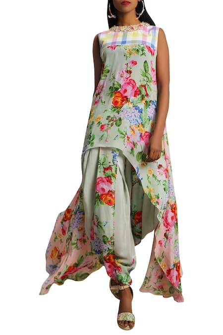 Buy_Nikasha_Green Closed Round Neck Floral Print Asymmetric Tunic With Dhoti Pants _Online_at_Aza_Fashions