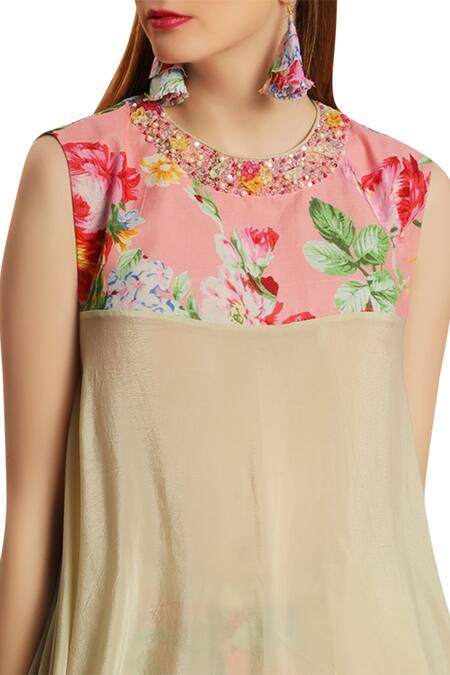 Nikasha_Beige Asymmetric Floral Print Tunic With Dhoti Pants _Online_at_Aza_Fashions