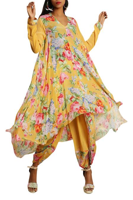 Nikasha_Yellow V Neck Floral Asymmetric Flared Tunic With Dhoti Pants _Online_at_Aza_Fashions
