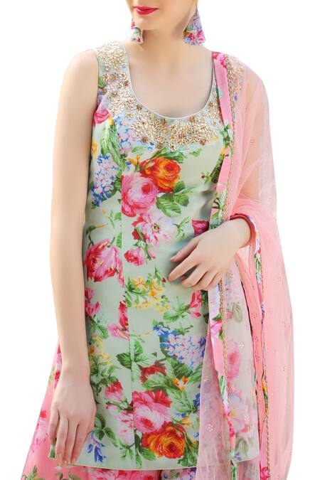 Nikasha_Green Floral Print Low Back Kurta Palazzo Set _Online_at_Aza_Fashions