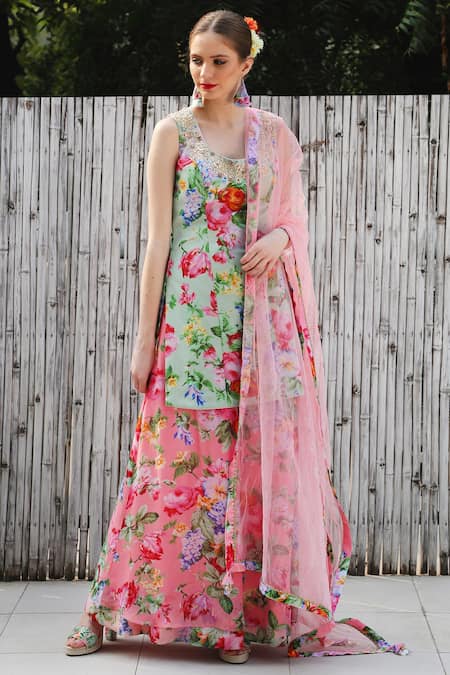 Nikasha Green Floral Print Low Back Kurta Palazzo Set  