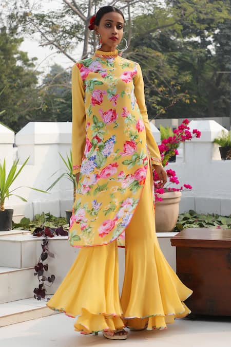 Buy Yellow Crepe Embroidery Rose Round Neckline Printed Kurta With Layered Sharara For Women by Nikasha Online at Aza Fashions