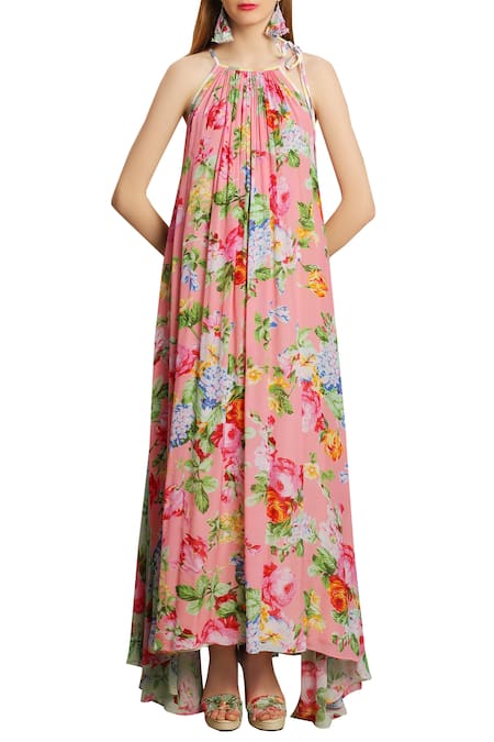 Buy_Nikasha_Pink Halter Neck Asymmetric Printed Tie Up Dress _Online_at_Aza_Fashions