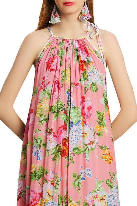 Nikasha_Pink Halter Neck Asymmetric Printed Tie Up Dress _Online_at_Aza_Fashions