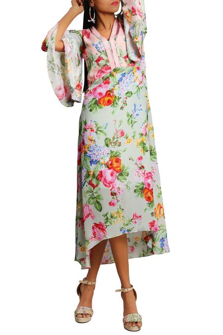 Buy_Nikasha_Green Rose Print Bell Sleeves Asymmetric Dress  _Online_at_Aza_Fashions