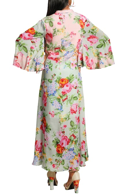 Nikasha Rose Print Bell Sleeves Asymmetric Dress  